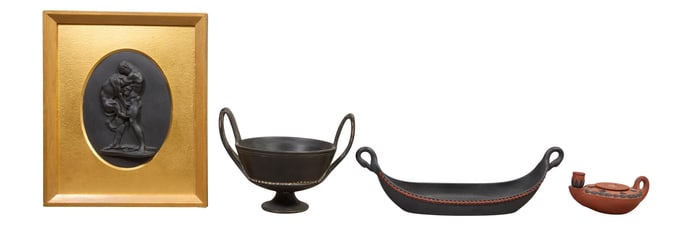 Group of Four Classical Pieces of Wedgwood, 19th c., Boat- H.- 4 in., W.- 13 1/8 in., D.- 4 1/2 in.