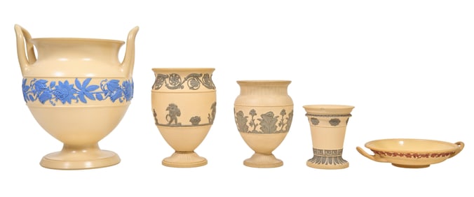 Group of Five Wedgwood Buff Butter Color Pieces, 20th c., Large Krater- H.- 9 5/8 in., W.- 8 in.,
