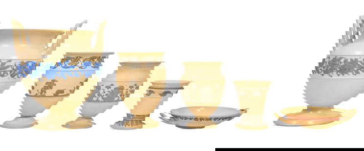 Group of Five Wedgwood Buff Butter Color Pieces, 20th c., Large Krater- H.- 9 5/8 in., W.- 8 in.,: Group of Five Wedgwood Buff Butter Color Pieces, 20th c., consisting of a large krater, lacking the lid; two baluster vases; a small vase with an everted rim; and a shallow handed bowl, Large Krater-