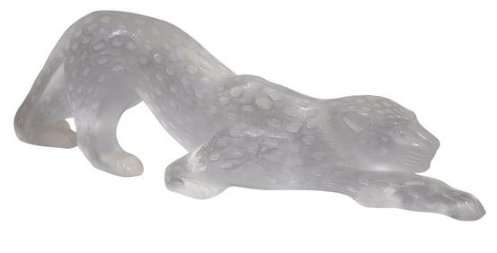 Lalique Frosted Crystal Zeila Stalking Panther Figure, 20th c., H.- 4 5/8 in., W.- 14 5/8 in., D.- 2