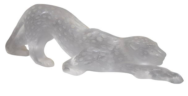 Lalique Frosted Crystal Zeila Stalking Panther Figure, 20th c., H.- 4 5/8 in., W.- 14 5/8 in., D.- 2: Lalique Frosted Crystal Zeila Stalking Panther Figure, 20th c., signed on the left rear leg, H.- 4 5/8 in., W.- 14 5/8 in., D.- 2 1/2 in.
