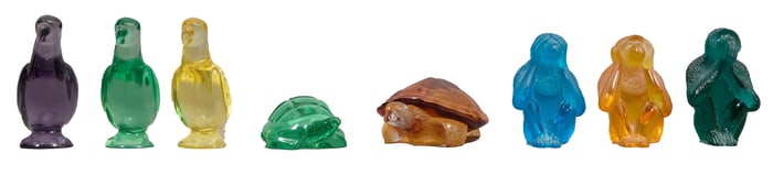 Group of Eight Lalique Colored Crystal Figures, 20th c., Parrots- H.- 4 in., W.- 1 5/8 in., D.- 4