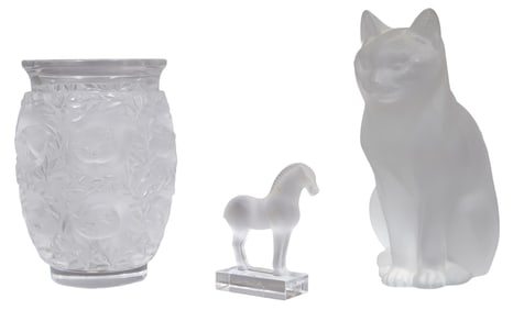 Three Pieces of Lalique Crystal, 20th c., Cat- H.- 8 1/4 in., W.- 5 in., D.- 6 in. (3 Pcs.)