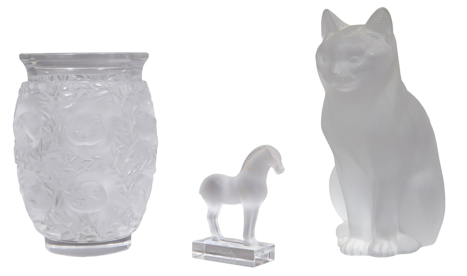 Three Pieces of Lalique Crystal, 20th c., Cat- H.- 8 1/4 in., W.- 5 in., D.- 6 in. (3 Pcs.) (1 of 6)