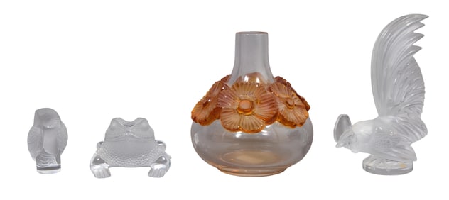 Four Pieces of Lalique Crystal, 20th c., Rooster- H.- 8 1/4 in., W.- 2 3/4 in., D.- 5 1/2 in. (4