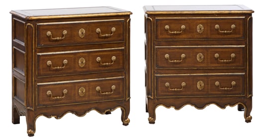 Pair of Marge Carson Louis XVI Style Marble Top Inlaid Chest of Drawers, 20th c., Each- H.- 34 1/2