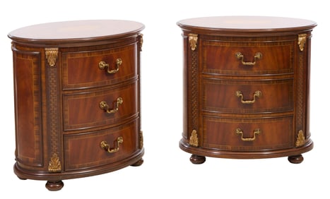 Pair of Maitland-Smith Mixed Woods Inlaid and Parcel-Gilt Oval Bowfront Side Chests, 20th c., Each-