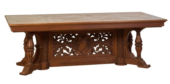 French Renaissance Revival Carved Walnut Library Table, 19th c., H.- 29 in., W.- 98 1/2 in., D.- 47