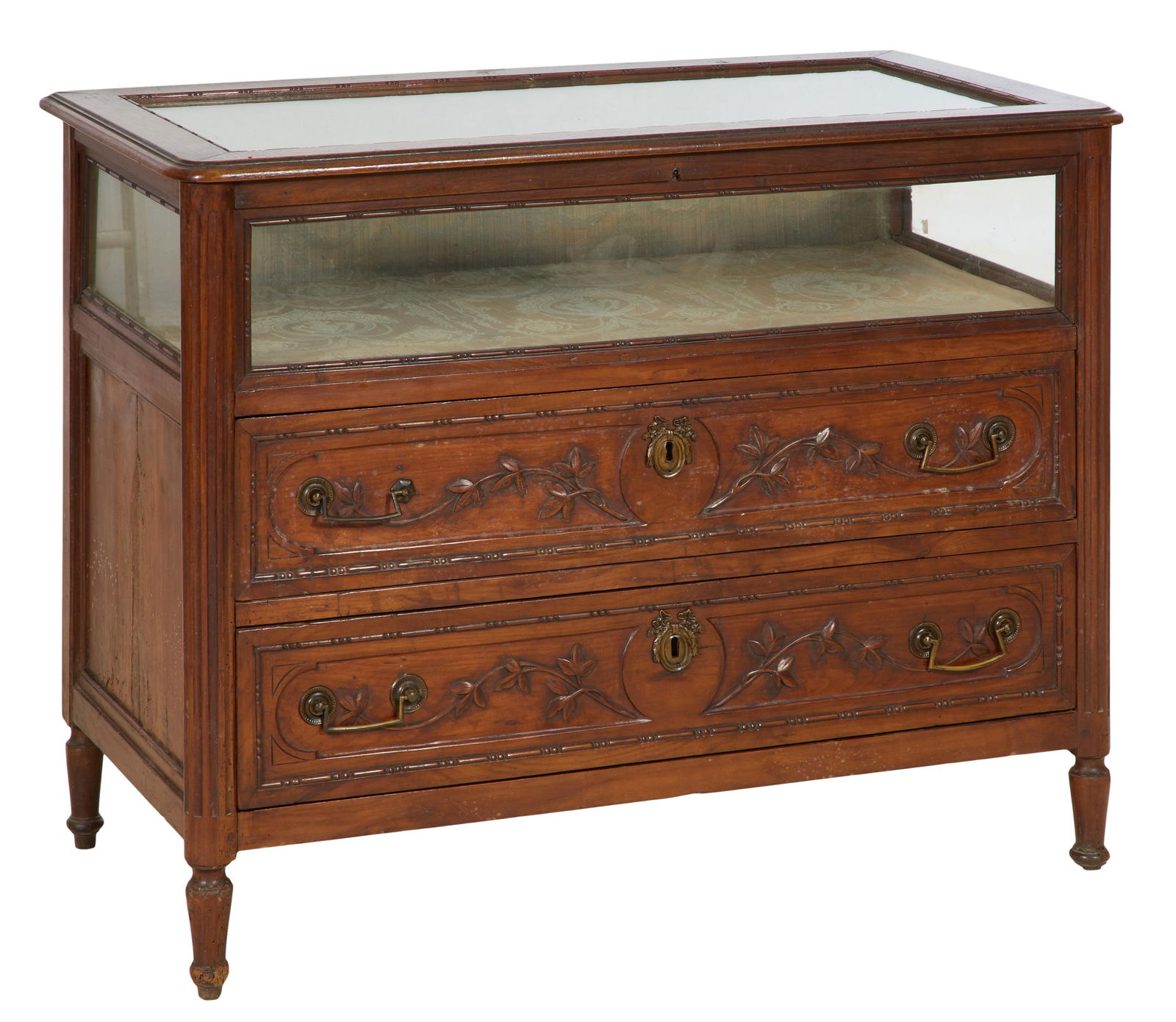 French Louis XVI Style Carved Walnut Vitrine Commode, late 19th c., H.- 34 in., W.- 43 1/2 in., D.- (1 of 2)