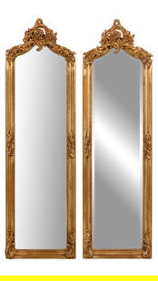 Pair of Louis XV Inspired Rococo Giltwood Pier Mirrors, 21st c., Each- H.- 66 1/2 in., W.- 20 in. (2: Pair of Louis XV Inspired Rococo Giltwood Pier Mirrors, 21st c., the pierced rocaille crest with floral accents, arced moulded surround with scrolling acanthus base corners, Each- H.- 66 1/2 in., W.-