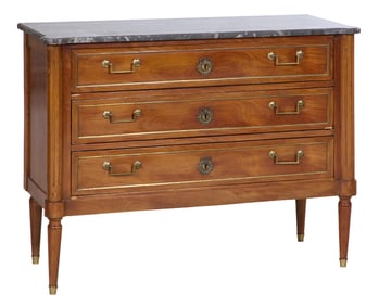 French Louis XVI Style Marble Top Walnut Commode, 19th c., H.- 33 in., W.- 44 1/2 in., D.- 18 in.