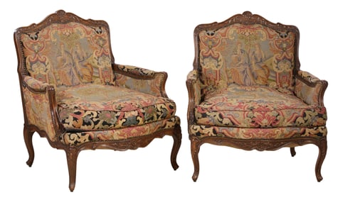 Pair of Louis XV Style Needlepoint Carved Walnut Bergeres, late 19th c., Each- H.- 36 in., W.- 34