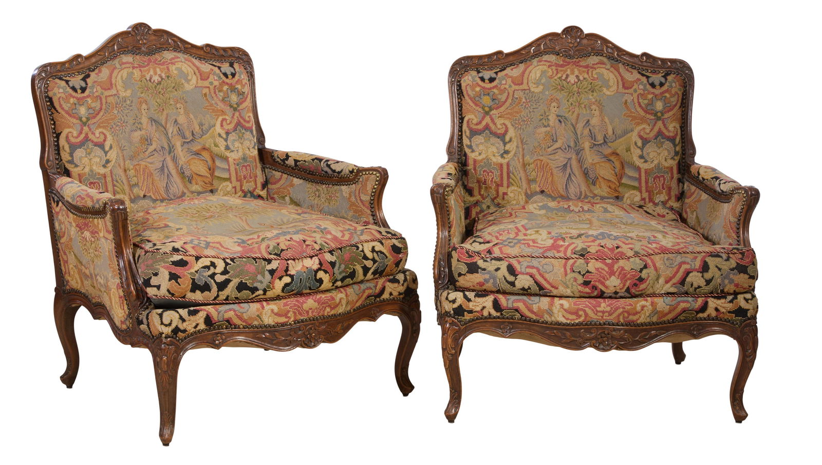 Pair of Louis XV Style Needlepoint Carved Walnut Bergeres, late 19th c., Each- H.- 36 in., W.- 34 (1 of 16)