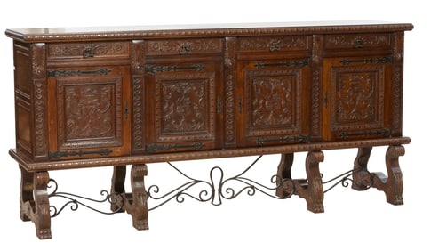 Spanish Renaissance Revival Wrought Iron and Carved Oak Enfilade, 20th c., H.- 46 in., W.- 98 in.,