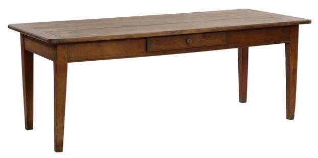 French Provincial Walnut Farmhouse Table, early 19th c., H.- 30 in., W.- 79 in., D.- 34 1/2 in.: French Provincial Walnut Farmhouse Table, early 19th c., the baton ended top with rounded corners, single frieze drawer on one long side, on two-way tapered legs, H.- 30 in., W.- 79 in., D.- 34 1/2 in