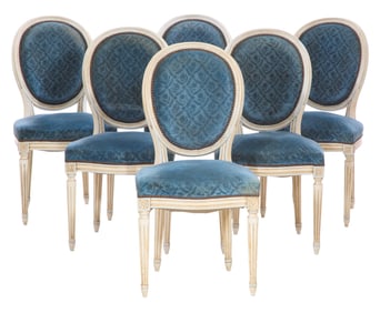 Six French Louis XVI Style Creme Peinte Dining Chairs, 20th c., Each- H.- 36 in., W.- 18 in., D.- 17