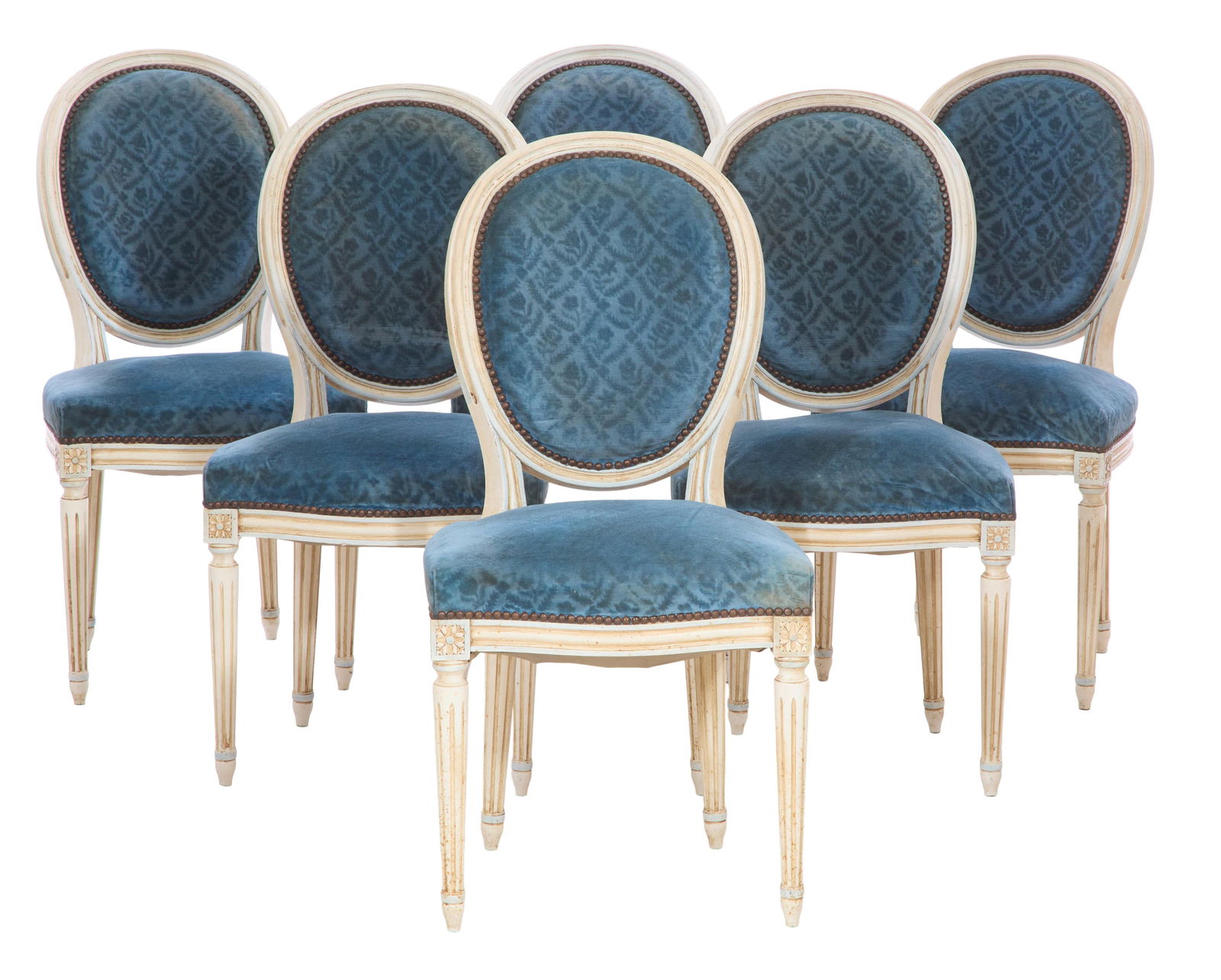 Six French Louis XVI Style Creme Peinte Dining Chairs, 20th c., Each- H.- 36 in., W.- 18 in., D.- 17 (1 of 2)