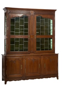 Large French Louis XV Style Stained Glass Inlaid Oak Bibliotheque, late 19th c., H.- 96 1/2 in., W.-