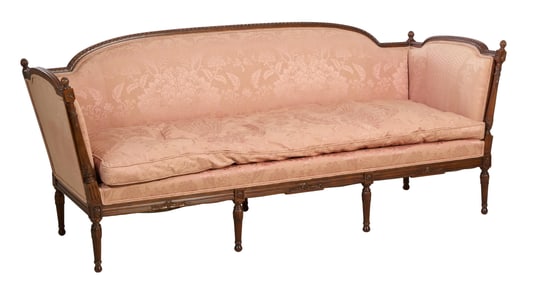 French Louis XVI Style Carved Walnut Canape, 20th c., H.- 33 1/2 in., W.- 80 in., D.- 29 in.