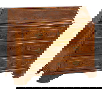 Dutch Oversized Inlaid Mahogany Slant Front Desk, 19th c., H.- 47 3/4 in., W.- 56 in., D.- 28 in.: Dutch Oversized Inlaid Mahogany Slant Front Desk, 19th c., the slant front lid opening to an interior fitted with four drawers flanking two lidded rounded door cupboards, over a large serpentine drawe