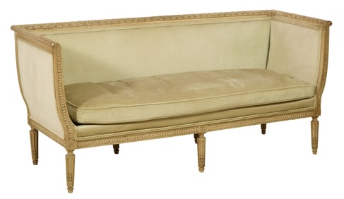 French Louis XVI Style Beige Peinte Settee, mid 19th c., H.- 30 1/2 in., W.- 65 in., D.- 24 1/2 in.