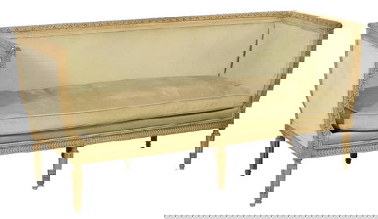 French Louis XVI Style Beige Peinte Settee, mid 19th c., H.- 30 1/2 in., W.- 65 in., D.- 24 1/2 in.: French Louis XVI Style Beige Peinte Settee, mid 19th c., the highly carved crest rail with a slight scroll, upholstered surround, coined stiles and seat rail above fluted/stop fluted tapered legs, H.-