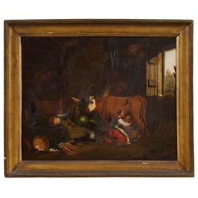 Dutch/Flemish School (19th Century), "Interior Barn Scene with Milk Maiden and Cart of Vegetables,"