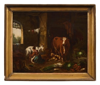 Dutch/Flemish School (19th Century), "Barn Interior with Milk Maid, Livestock and Vegetables," H.-