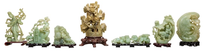 Group of Seven Carved Oriental Figures, 20th c., Jade- H.- 15 1/2 in., W.- 9 1/2 in., D.- 5 1/2 in.;