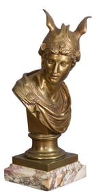 Patinated Bronze Bust of Mercury, early 20th c., H.- 19 1/4 in., W.- 9 1/2 in., D.- 7 in.