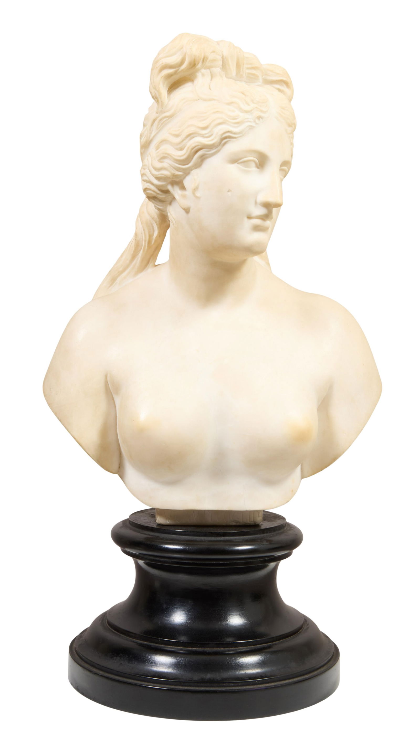 Marble Bust of Capitoline Venus, 19th c., H.- 22 1/4 in., W.- 12 in., D.- 8 1/2 in.: Marble Bust of Capitoline Venus, 19th c., after the antique, on a turned ebonized socle base, inscribed V. CAMPIDOGLIO, H.- 22 1/4 in., W.- 12 in., D.- 8 1/2 in. Provenance: Property from a Gentleman