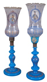 Pair of Bohemian Blue Enameled Glass Lusters, 19th c., H.- 25 in., Dia.- 6 1/4 in. (2 Pcs.)