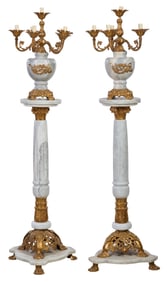 Unusual Large Pair of White Marble and Bronze Six Light Candelabra, 21st c., Pedestal- H.- 47 1/2