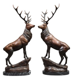 American School, Pair of Bronze Stag Figures, 21st c., Each- H.- 28 in., W.- 13 1/2 in., D.- 6 1/4