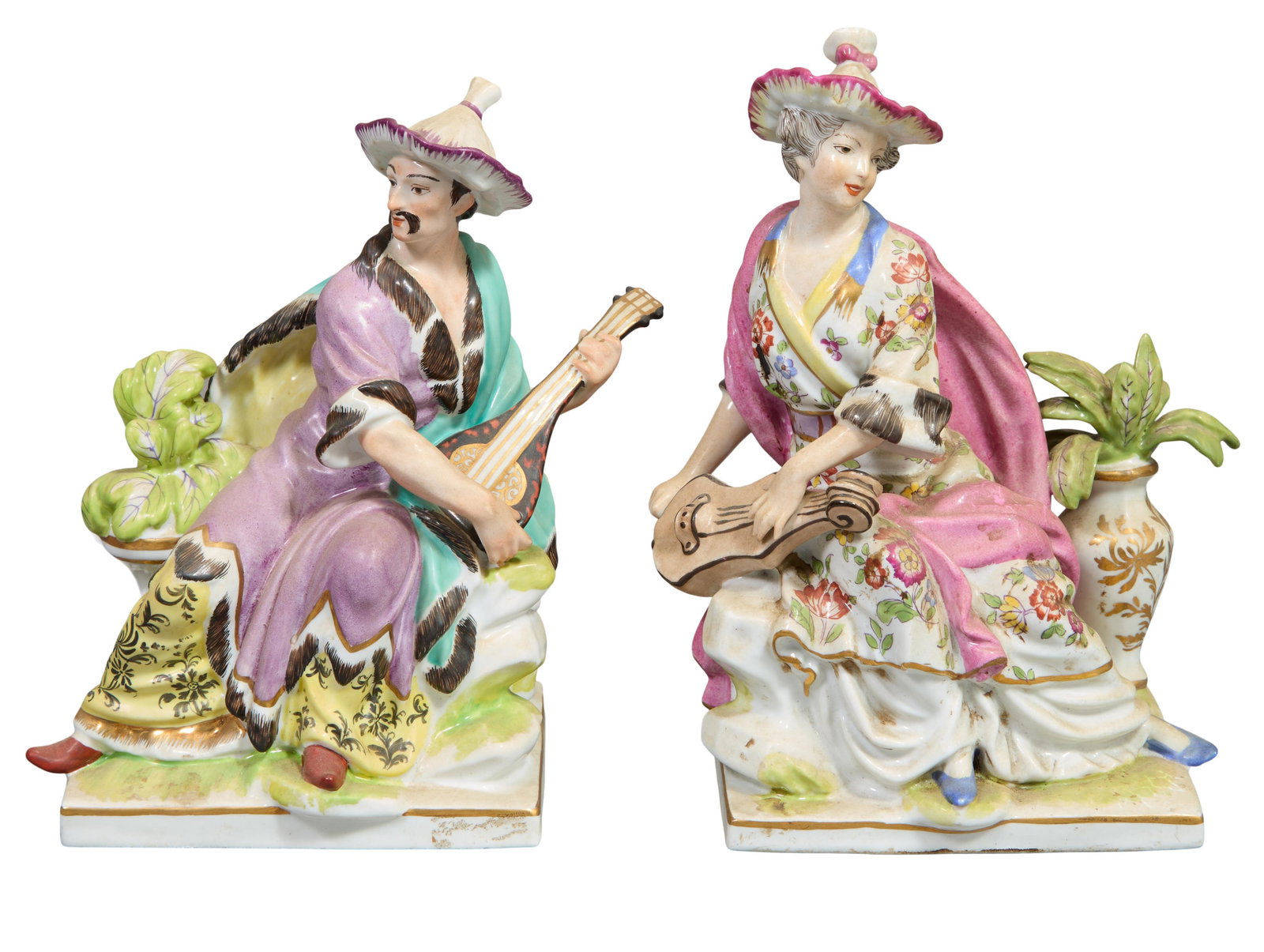 Pair of Meissen Style Polychromed Porcelain Figures, 19th c., Woman- H.- 7 1/2 in., W.- 5 1/2 in.,: Pair of Meissen Style Polychromed Porcelain Figures, 19th c., of Chinoiserie musicians, on plinth bases, one with a crossed swords mark on the underside, Woman- H.- 7 1/2 in., W.- 5 1/2 in., D.- 3 5/8