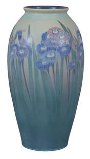 Lorinda Epply (American, 1874-1951), Large Rookwood Vellum Baluster Vase, 1916, H.- 15 1/2 in.,: Lorinda Epply (American, 1874-1951), Large Rookwood Vellum Baluster Vase, 1916, #857, with stylized relief flowers and bird motif, stamped on bottom, with a "KSB Collection" sticker on bottom, H.- 15