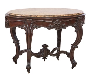 American Rococo Revival Marble Top Carved Walnut Center Table, mid to late 19th c., H.- 31 1/2 in.,