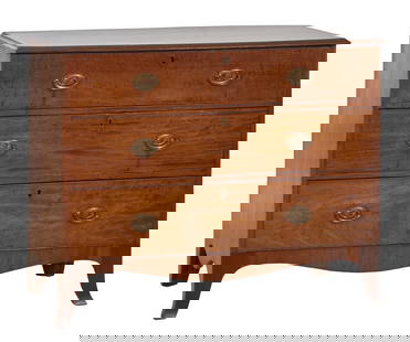 English Georgian Walnut Chest of Drawers, early 19th c., H.- 35 in., W.- 43 in., D.- 20 in.: English Georgian Walnut Chest of Drawers, early 19th c., the moulded rectangular top over three graduated drawers, shaped skirt joining French feet, H.- 35 in., W.- 43 in., D.- 20 in.