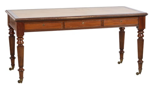 English William IV Leather Top Walnut Writing Table, mid 19th c., H.- 29 1/4 in., W.- 60 in., D.- 30
