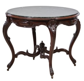 American Marble Top Carved Mahogany Center Table, mid 19th c., H.- 29 in., W.- 38 in., D.- 38 in.