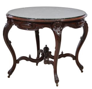 American Marble Top Carved Mahogany Center Table, mid 19th c., H.- 29 in., W.- 38 in., D.- 38 in.: American Marble Top Carved Mahogany Center Table, mid 19th c., the round verte marble top inset a moulded surround, cabochon apron joining acanthus cabriole legs joined by an urn finialed scrolling 'X