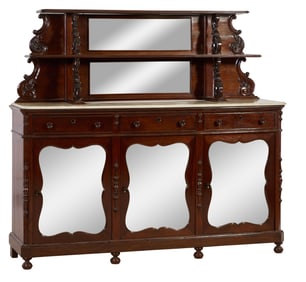 English Victorian Marble Top Carved Mahogany Sideboard, 19th c., H.- 72 in., W.- 79 in., D.- 21 1/2