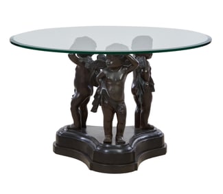 Bronze Cherub Glass Top Center Table, 20th c., H.- 34 in., Dia.- 54 in.