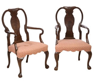 Pair of English Georgian Style Walnut Armchairs, 20th c., Each- H.- 40 in., W.- 22 in., D.- 20 in.