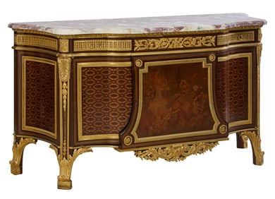 French Francois Linke Style Ormolu Mounted Marble Top Marquetry Parquetry Commode, early 20th c.,
