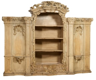 Large Italian Creme Peinte Carved Walnut Boisserie Bookcase, 19th c., H.- 96 in., W.- 120 in., D.-