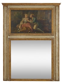 French Louis XVI Style Creme Peinte and Giltwood Trumeau Mirror, early to mid 19th c., H.- 68 in.,