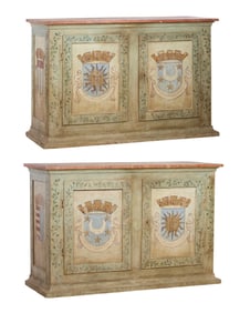 Pair of Continental Heraldry Polychromed Faux Marble Cabinets, late 19th c., Each- H.- 47 in., W.-