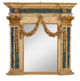 Antique Italian Creme Peinte Faux Marbre Carved Giltwood Architectural Over Mantel Mirror, late