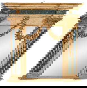 Antique Italian Creme Peinte Faux Marbre Carved Giltwood Architectural Over Mantel Mirror, late: Antique Italian Creme Peinte Faux Marbre Carved Giltwood Architectural Over Mantel Mirror, late 18th/ early 19th c., the stepped moulded cornice with projected pilasters, faux marbre frieze with roset